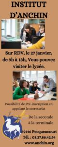 L'Institut d'Anchin à Pecquencourt ouvre ses portes le 27 janvier de 9h à 13h.